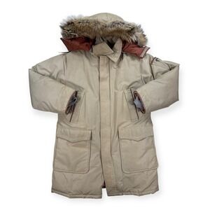 VTG Sears Jacket Men's 40 Beige Insulated Faux Fur Trim Quilted Goose Down Coat